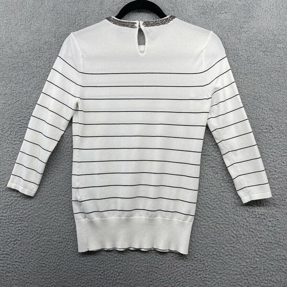 White House Black Market Women Blouse White Striped Beaded Long Sleeve Size XS - Picture 10 of 12
